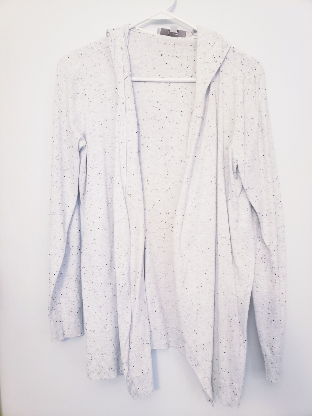 Women's Medium LOFT White Speckled Hooded Open-Front Cardigan